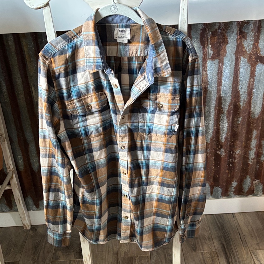 Vans Men's Casual Blue and Tan Plaid Shirt